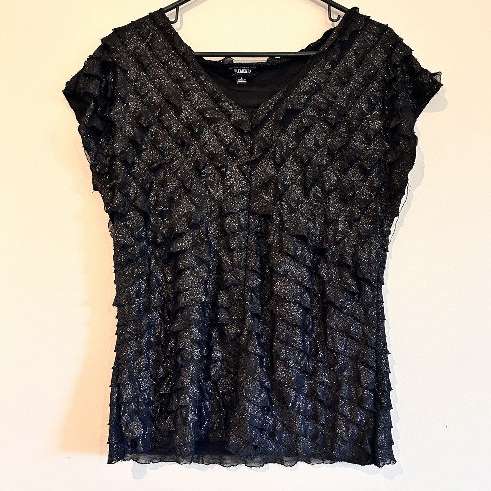 Vtg Black Blouse Top Sz L Gothic Glam Ruffle Shimmer Whimsihoth Dark Romantic